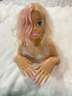 Mattel Just Play Barbie Styling Head 12” Blonde Pink Hair Nails Doll ✨